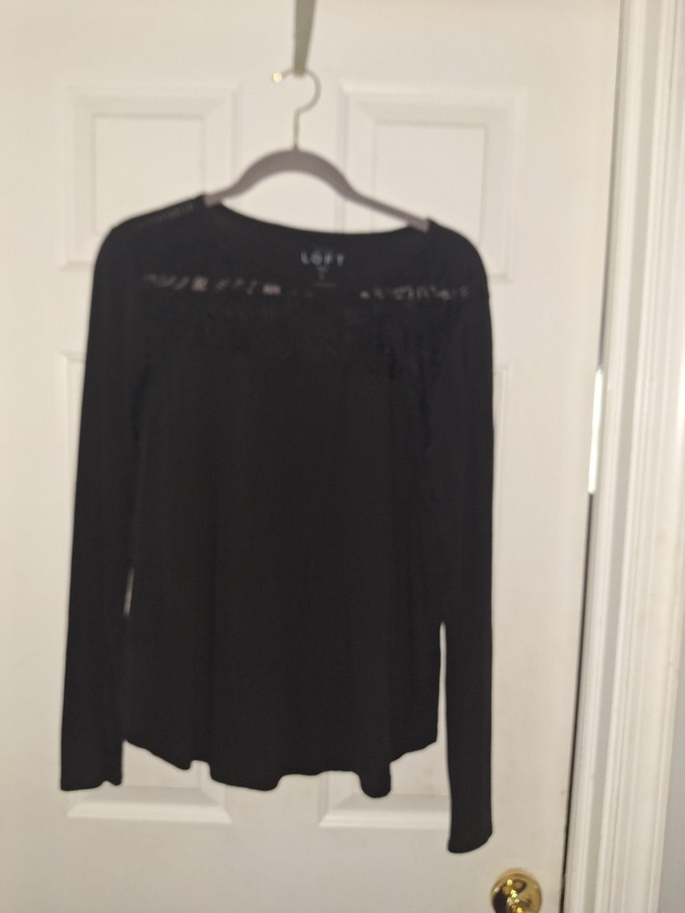 LOFT Black Long-Sleeve Top with Lace Yoke